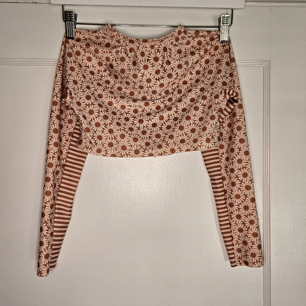 70's Style Daisy & Stripped Rashguard - Kids M (7-8) - Burnt Orange & Cream
